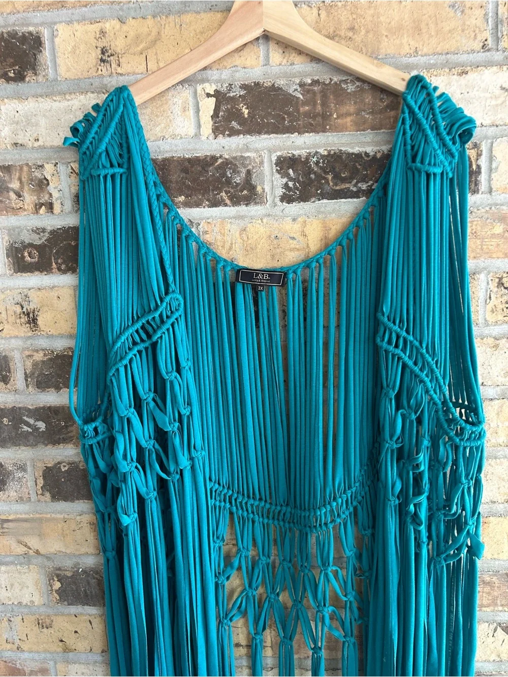 L&B Lucky & Blessed‎ Boho Teal Blue Fringe Open Front Longline Braided Duster 3X